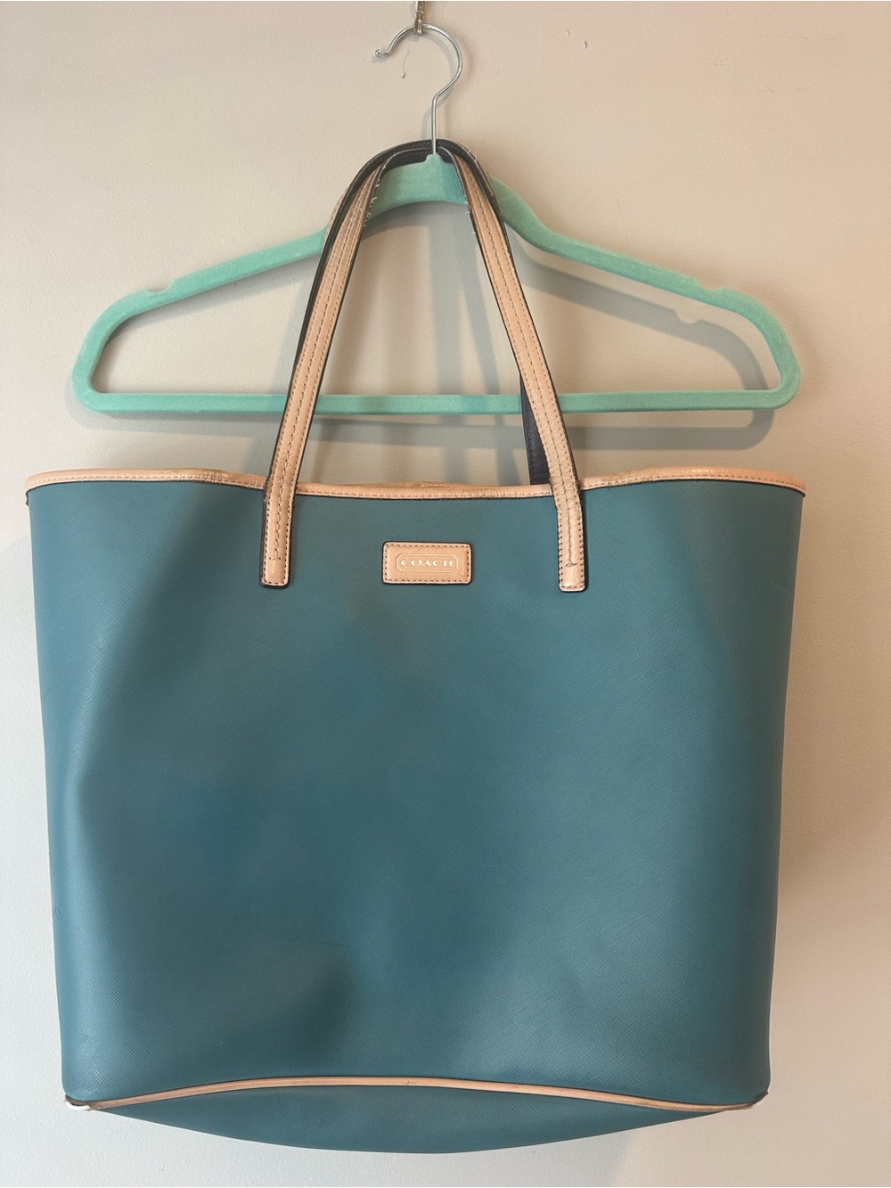 Coach Teal Tote with Beige Trim and Handles